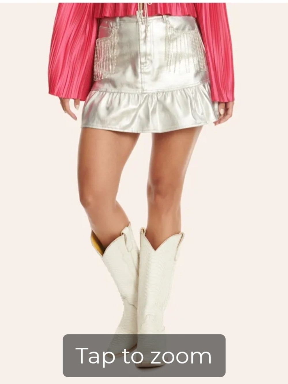 Peach Love Cavender's Metallic Silver Ruffle Hem Mini Skirt W/rhinestone Trim. S